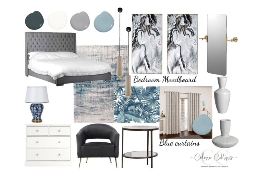 Sample mood board to highlight virtual interior design by Celene Collins