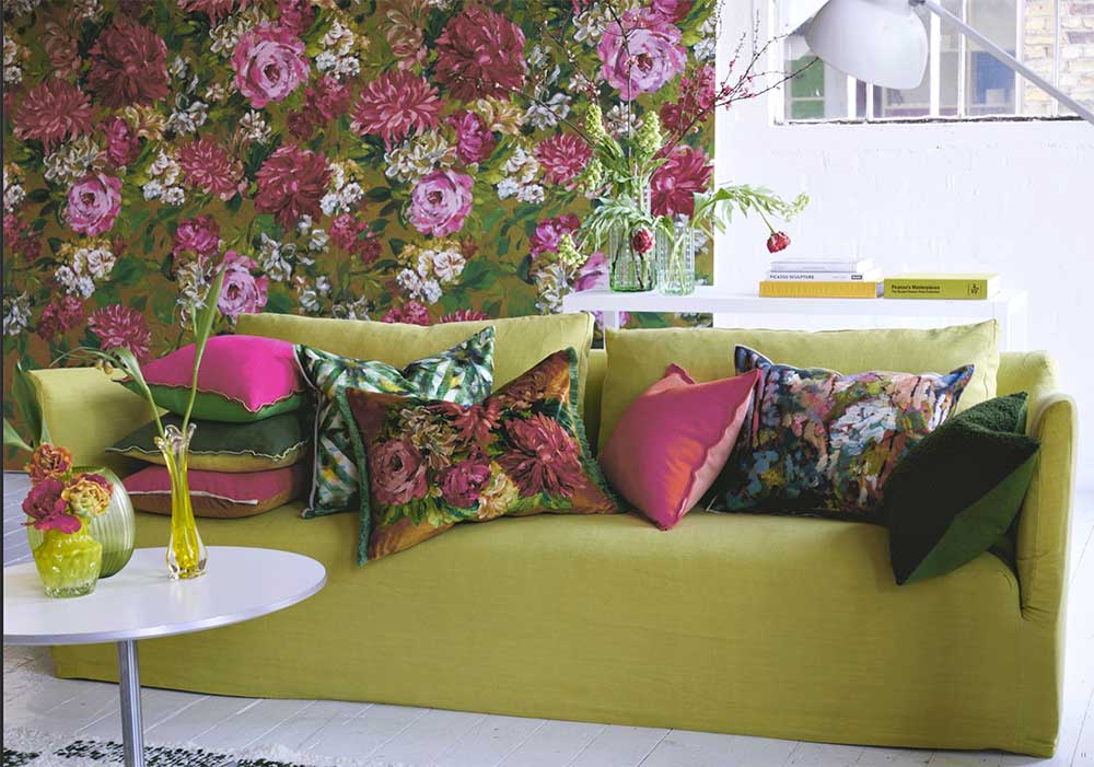 Wallpaper and cushions colour co-ordinated